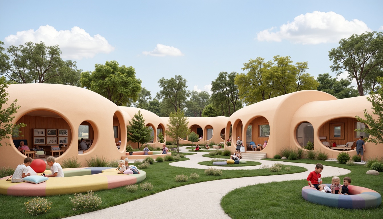 Prompt: Whimsical kindergarten building, curved organic shapes, playful blob-like structures, vibrant colorful walls, rounded corner windows, natural wood accents, soft pastel hues, cozy reading nooks, cushioned play areas, educational murals, interactive exhibits, sensory stimulation, creative play spaces, wavy rooflines, irregularly shaped classrooms, collaborative learning environments, gentle indirect lighting, warm earthy tones, organic textures, seamless transitions.