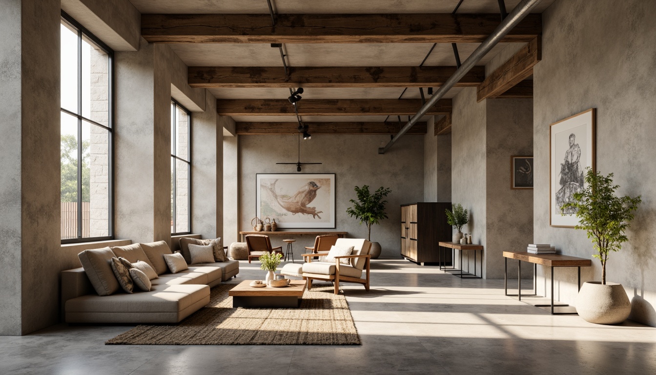 Prompt: Rustic plastered concrete walls, earthy tones, natural textures, organic forms, brutalist architecture, industrial chic, urban loft, exposed ductwork, metal beams, reclaimed wood accents, minimalist decor, soft warm lighting, dramatic shadows, high ceilings, open floor plans, modern furniture, abstract artwork, neutral color palette.