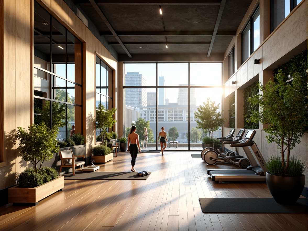 Prompt: Modern fitness club interior, high ceilings, wooden floors, mirrored walls, state-of-the-art exercise equipment, free weights, treadmills, yoga mats, natural stone accent walls, greenery installations, floor-to-ceiling windows, abundant daylight, soft warm lighting, shallow depth of field, 3/4 composition, realistic textures, ambient occlusion, refreshing ambiance, calming color palette, minimal decor, sleek lines, urban chic atmosphere, vibrant cityscape views.