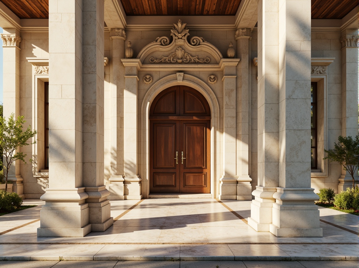 Prompt: Elegant neoclassical fa\u00e7ade, creamy limestone walls, ornate Corinthian columns, rich marble flooring, intricate stone carvings, grand entrance archways, symmetrical compositions, subtle keystone details, weathered copper roofing, classic pilasters, refined stucco textures, warm golden lighting, soft natural shadows, 1/2 composition, harmonious proportions, authentic traditional materials.