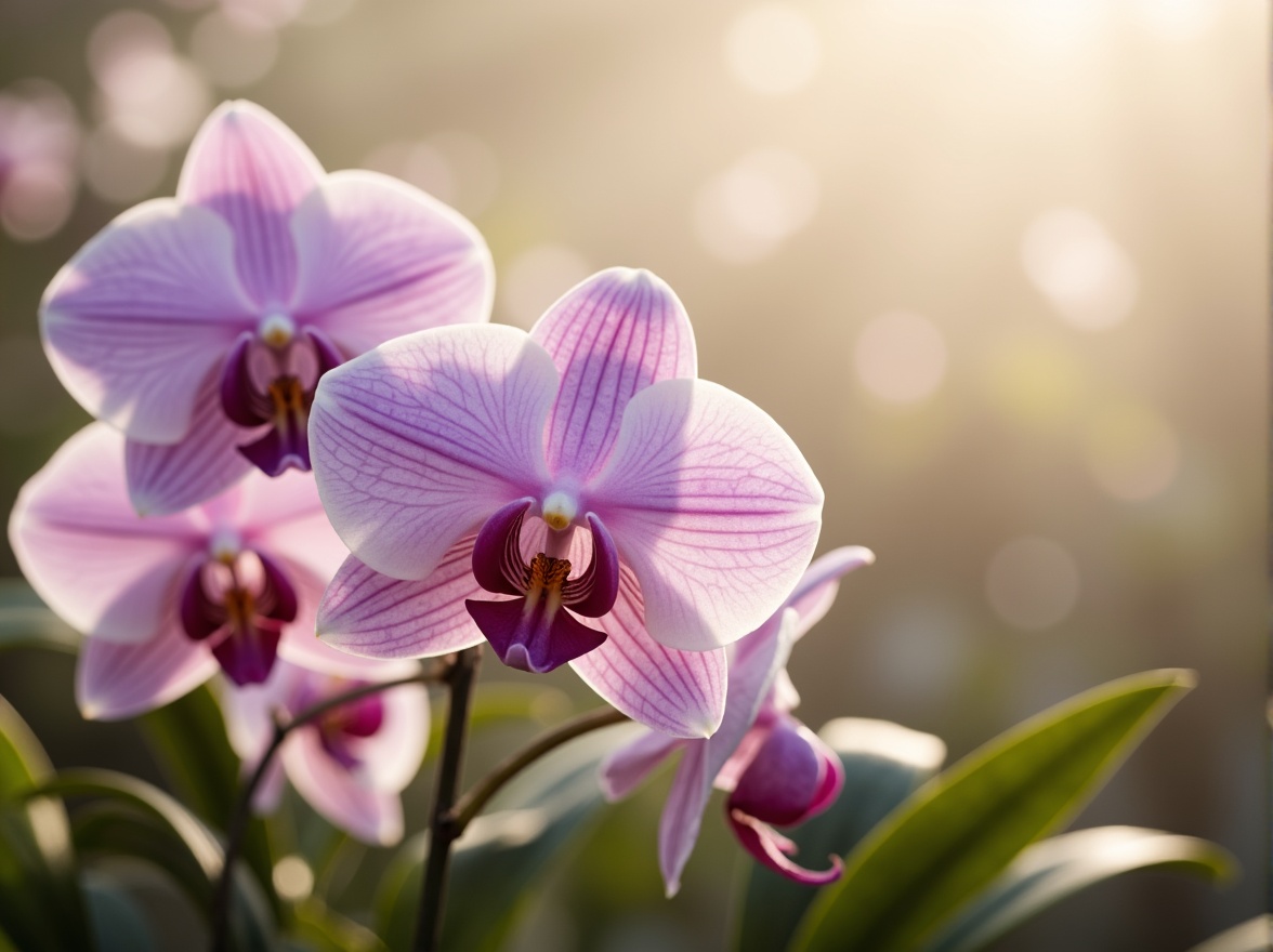 Prompt: Ethereal orchid flowers, pastel purple hues, soft pink undertones, delicate white petals, lush green foliage, misty atmospheric lighting, warm beige backgrounds, creamy ivory accents, subtle gold details, refined elegant textures, shallow depth of field, 1/2 composition, intimate close-up shots, realistic renderings, ambient occlusion.