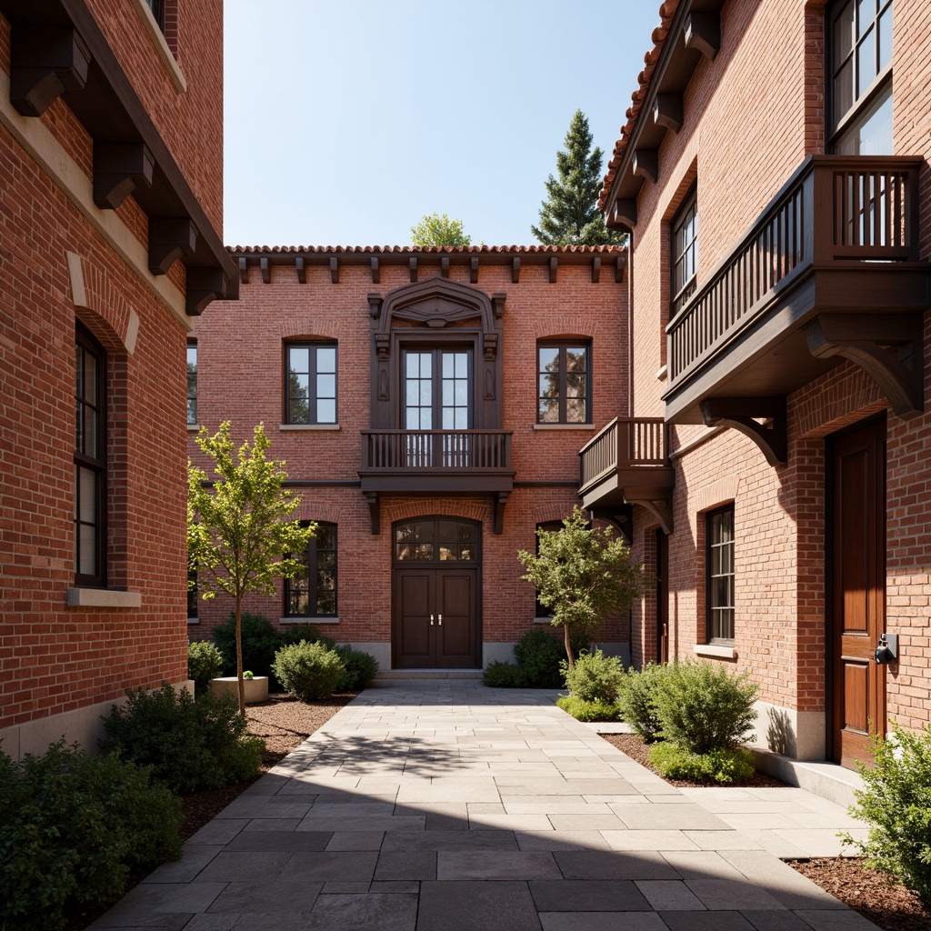 Prompt: Traditional brick buildings, rustic red bricks, ornate facades, vintage architectural details, textured stone walls, earthy color palette, natural materials, historic landmarks, cultural heritage, classical design elements, symmetrical compositions, warm sunny lighting, soft shadows, 3/4 composition, realistic textures, ambient occlusion.