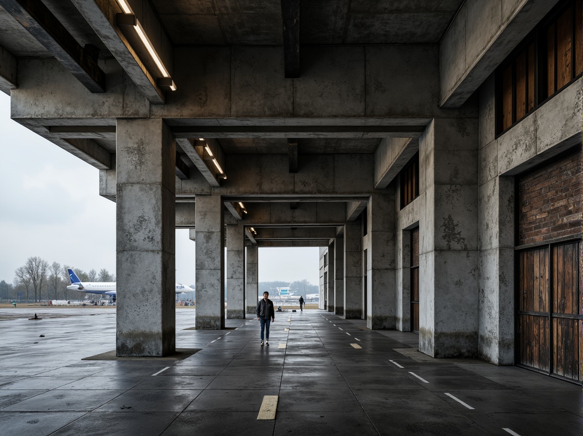 Prompt: Rugged airport terminal, exposed concrete columns, raw steel beams, brutalist architecture, industrial materials, rough-textured stone walls, weathered metal cladding, distressed wood accents, urban landscape, overcast skies, dramatic shadows, high-contrast lighting, cinematic atmosphere, symmetrical composition, abstract shapes, monochromatic color scheme, gritty realistic textures, ambient occlusion.