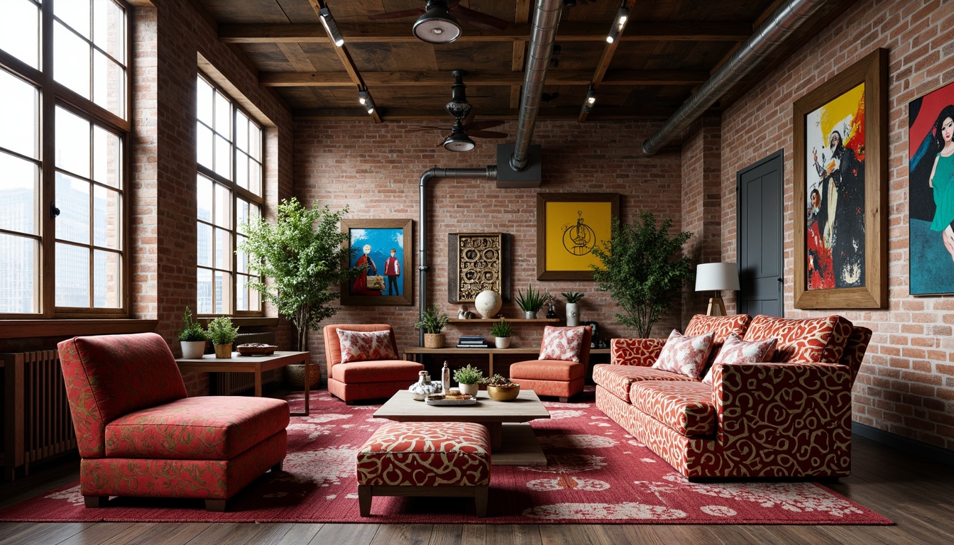 Prompt: Richly patterned velvety upholstery, bold geometric textiles, vibrant color blocking, abstract expressionist artworks, eclectic mix of vintage and modern furniture, distressed wood accents, industrial metal frames, exposed brick walls, reclaimed wooden floors, ornate decorative screens, plush area rugs, avant-garde lighting fixtures, dramatic high ceilings, urban loft atmosphere, natural light pouring in, shallow depth of field, 1/1 composition, realistic textures, ambient occlusion.