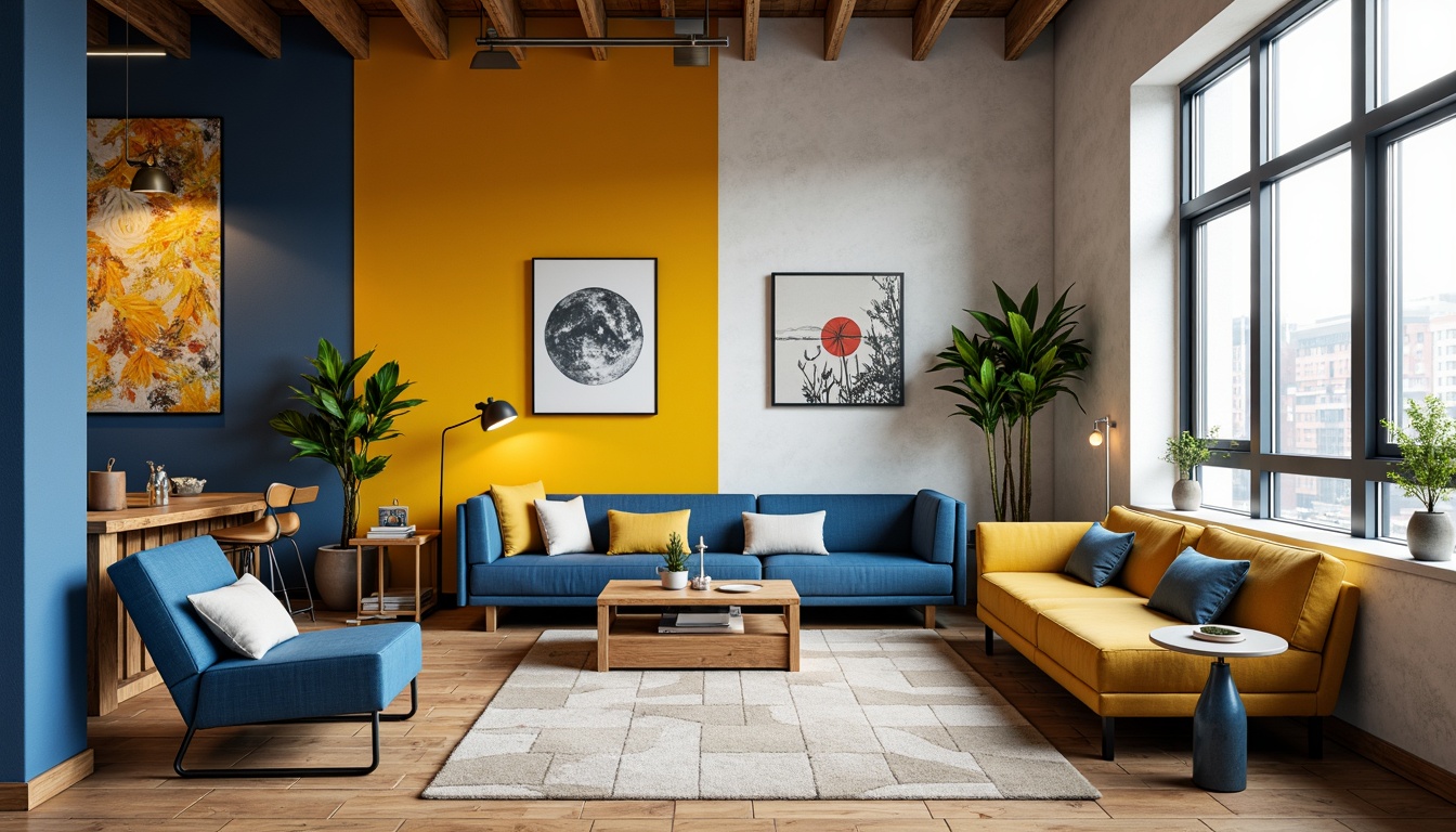 Prompt: Vibrant modern interior, eclectic furniture pieces, bold accent walls, contrasting textures, metallic accents, natural wood tones, creamy whites, deep blues, warm neutrals, minimalist decor, industrial chic, urban loft ambiance, softbox lighting, 3/4 composition, atmospheric depth of field.