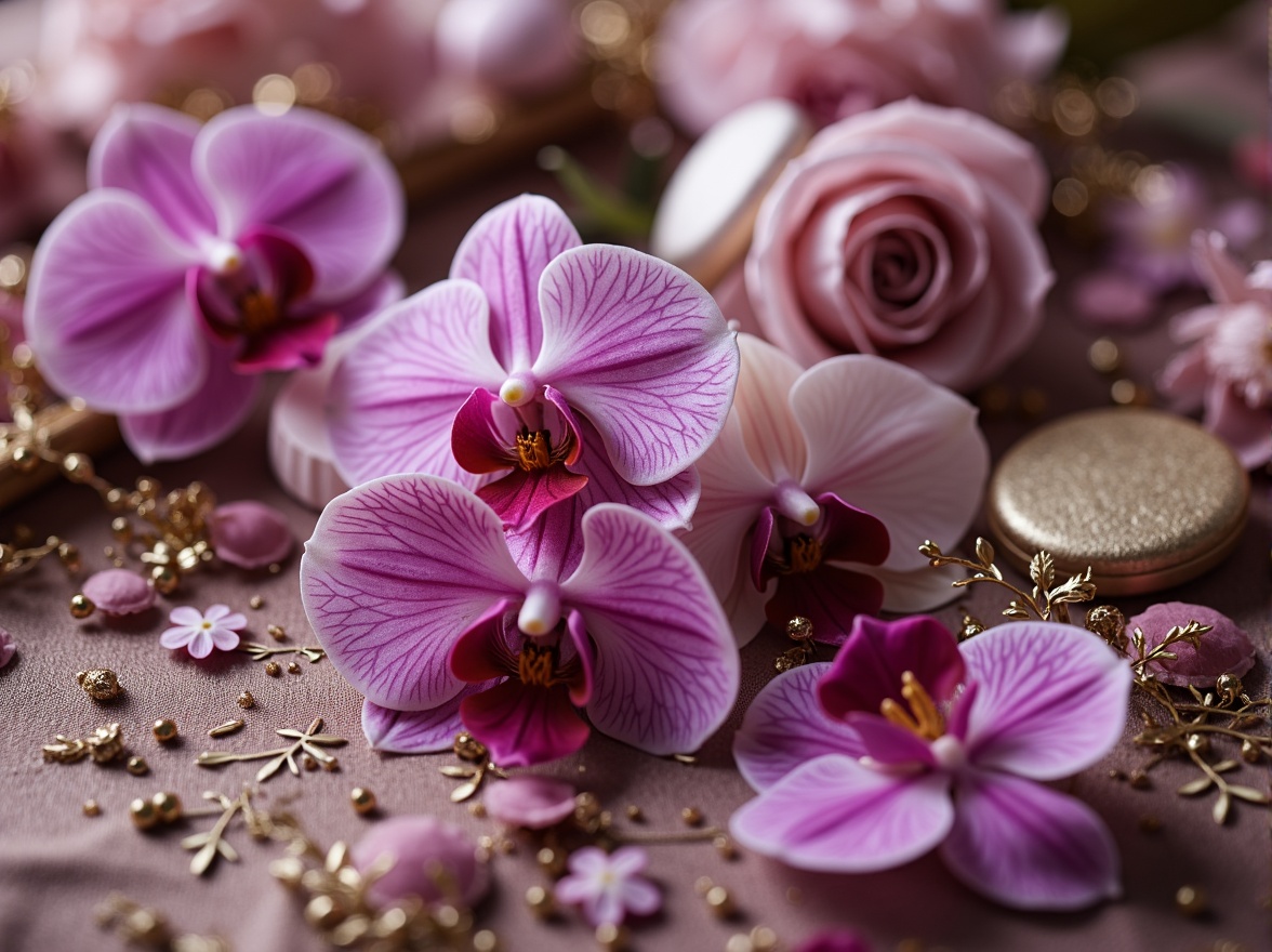 Prompt: Lavish orchid hues, soft pink undertones, elegant purple shades, creamy white accents, rich brown textures, luxurious velvet fabrics, ornate gold details, whimsical floral patterns, delicate lace trimmings, subtle sheen finishes, warm ambient lighting, shallow depth of field, 1/2 composition, intimate close-up shots, realistic material rendering, cinematic color grading.