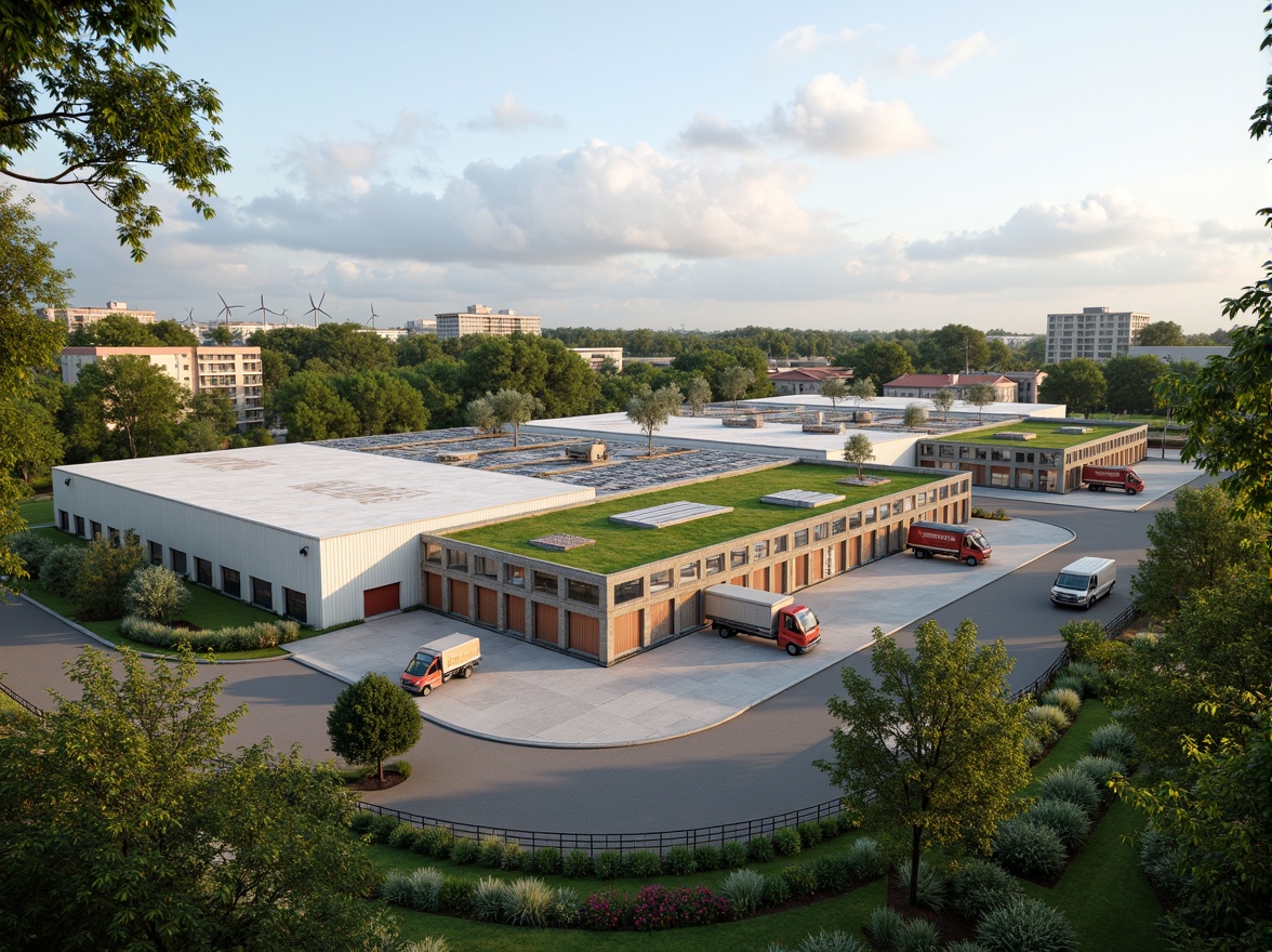 Prompt: Distribution center, modern industrial architecture, green roofs, solar panels, wind turbines, water conservation systems, eco-friendly materials, loading docks, cargo containers, trucks, forklifts, warehouses, racking systems, natural stone walls, lush greenery, vibrant flowers, trees, shaded outdoor spaces, misting systems, soft warm lighting, shallow depth of field, 3/4 composition, panoramic view, realistic textures, ambient occlusion.