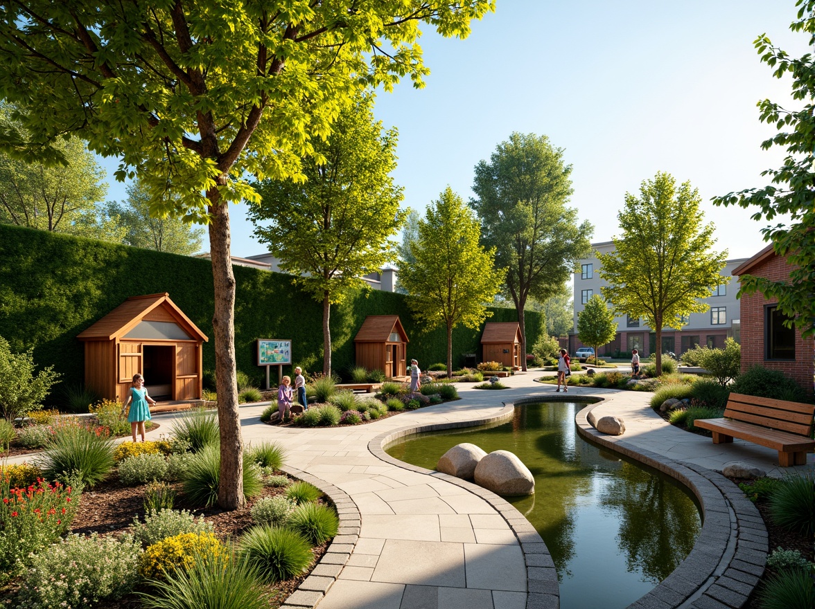 Prompt: Vibrant kindergarten playground, lush greenery walls, colorful flowerbeds, wooden playhouses, winding tree trunks, natural stone pathways, rustic wooden benches, educational signage, interactive water features, sensory gardens, butterfly-friendly plants, sunny day, soft warm lighting, shallow depth of field, 3/4 composition, panoramic view, realistic textures, ambient occlusion.