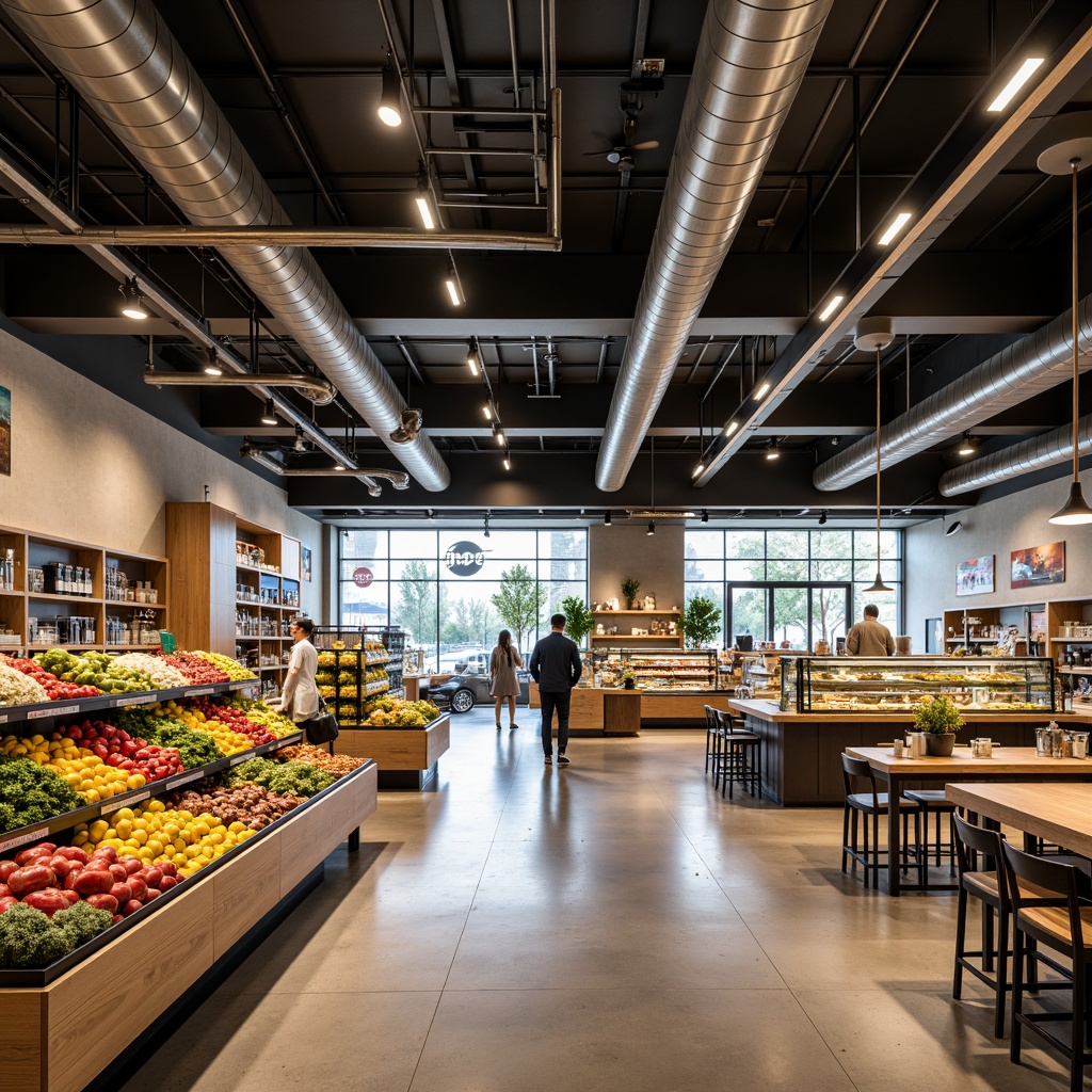 Prompt: Modern grocery store interior, open floor plan, high ceilings, exposed ductwork, polished concrete floors, metal shelving units, colorful product displays, fresh produce stands, deli counters, bakery sections, coffee shops, seating areas, wooden accents, warm lighting, soft shadows, shallow depth of field, 1/2 composition, realistic textures, ambient occlusion, shopping carts, baskets, checkout lanes, electronic payment systems, digital signage, promotional banners.