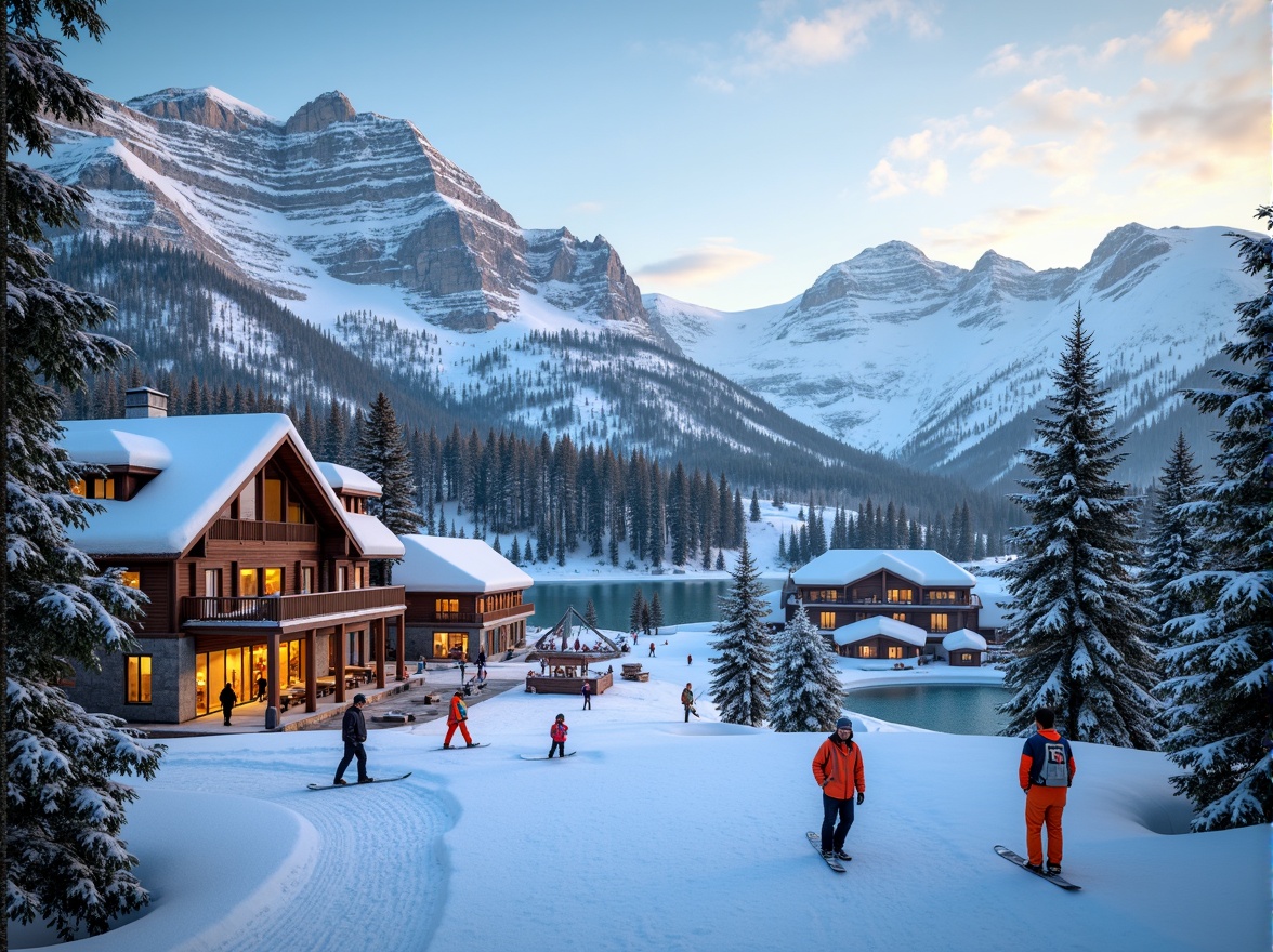 Prompt: Snow-capped mountains, frosty pine trees, icy lakes, powdery snowflakes, wooden ski lodges, rustic stone fireplaces, warm cabin lights, cozy apres-ski bars, vibrant orange safety vests, bold black ski equipment, creamy white snowboards, bright blue skies, misty mountain peaks, soft sunrise lighting, 1/2 composition, atmospheric perspective, realistic snow textures, ambient occlusion.Please let me know if this meets your requirements!