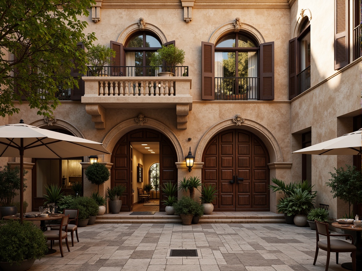 Prompt: Renaissance-inspired hostel facade, ornate stone carvings, classical arches, grand entrance doors, wooden shutters, distressed brick walls, vintage lanterns, ornamental metalwork, richly textured stucco, warm earthy tones, soft golden lighting, shallow depth of field, 1/1 composition, symmetrical balance, realistic render, ambient occlusion, inviting atmosphere, cozy outdoor seating, lush greenery, charming courtyard.