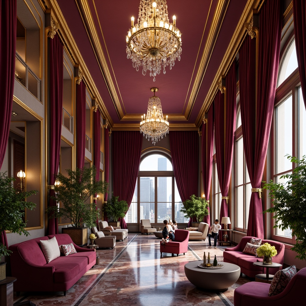 Prompt: Rich mauve hues, luxurious velvet textures, ornate golden frames, lavish crystal chandeliers, opulent furnishings, regal atmosphere, warm soft lighting, intimate settings, elegant marble floors, sophisticated architectural details, refined modern accents, bold statement pieces, vibrant floral arrangements, lush greenery, dramatic ceiling heights, spacious open layouts, panoramic city views, cinematic composition, high-contrast shadows, warm color grading.