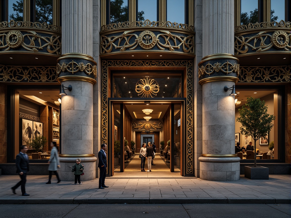 Prompt: Ornate bank facade, Art Deco influences, geometric shapes, metallic materials, grand entrance, symmetrical composition, imposing columns, intricate stone carvings, ornamental details, lavish ornamentation, luxurious atmosphere, high-contrast lighting, dramatic shadows, 1/2 composition, low-angle shot, realistic reflections, detailed textures, ambient occlusion.