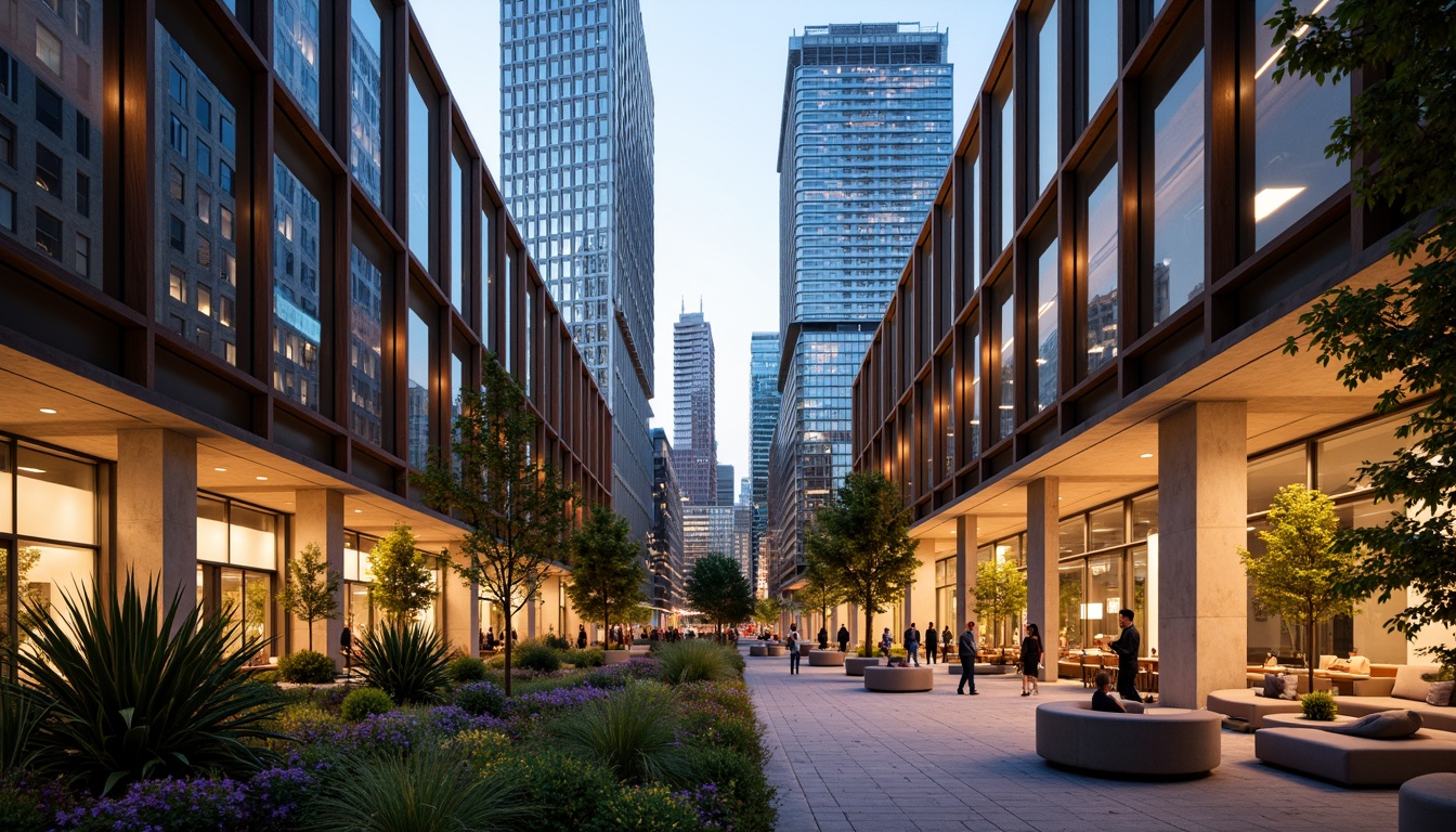 Prompt: Vibrant urban landscape, modern architectural design, sleek skyscrapers, glass facades, steel beams, concrete structures, urban gardens, city streets, pedestrian walkways, streetlights, evening ambiance, warm golden lighting, shallow depth of field, 2/3 composition, realistic textures, ambient occlusion, bold color scheme, contrasting hues, neutral background tones, accent walls, statement furniture pieces, rich wood accents, metallic trim details.