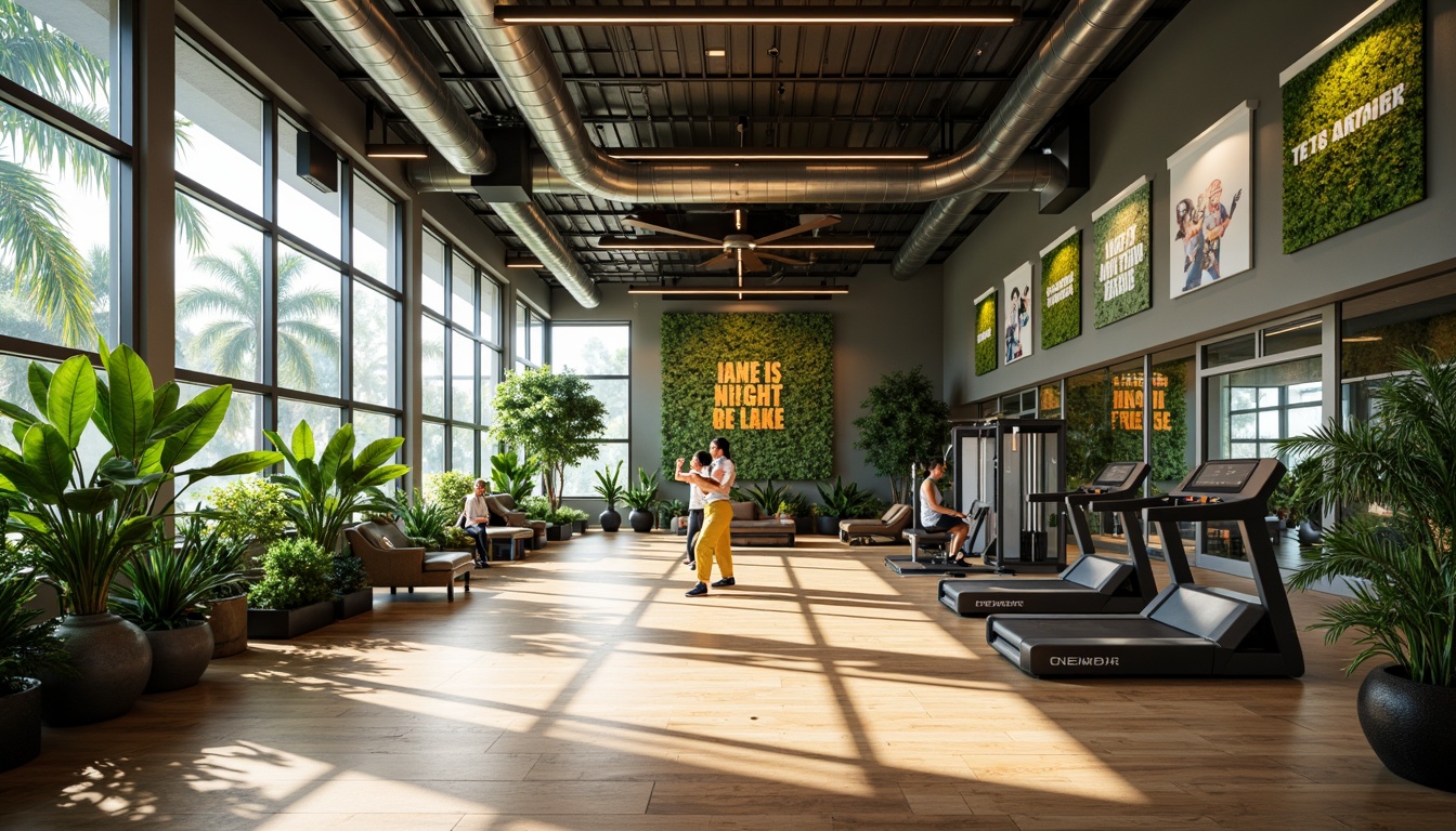 Prompt: Vibrant fitness club interior, high ceilings, large windows, natural light pouring in, wooden floors, modern exercise equipment, motivational quotes, greenery walls, tropical plants, refreshing atmosphere, cool tone colors, sleek metal beams, minimalist decor, ambient shadows, soft warm lighting, 1/1 composition, realistic textures, subtle reflections.