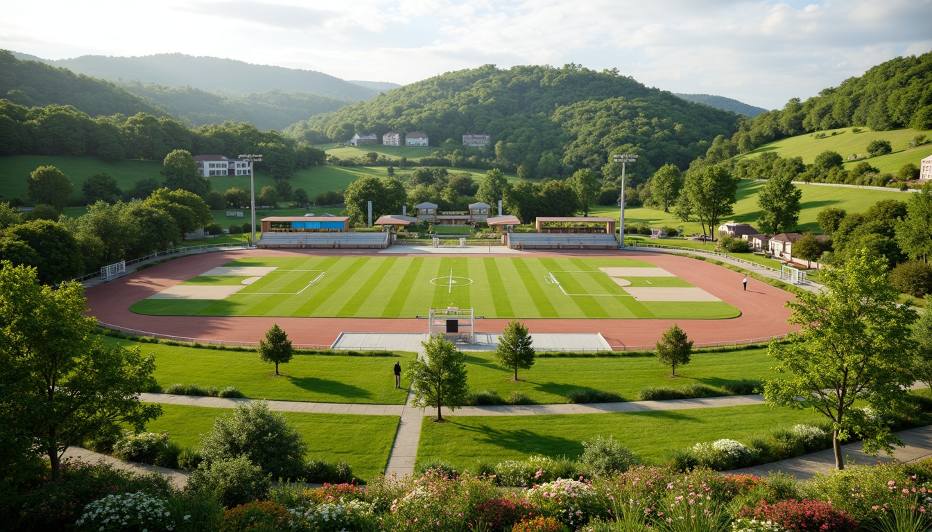 Prompt: Natural sports field, lush green grass, integrated landscape design, rolling hills, winding trails, athletic track, soccer field, basketball court, tennis court, vibrant colorful flowers, native plant species, eco-friendly materials, sustainable drainage systems, rainwater harvesting, organic fertilizers, shaded seating areas, wooden benches, steel bleachers, modern LED lighting, soft warm ambiance, shallow depth of field, 1/1 composition, panoramic view, realistic textures, ambient occlusion.