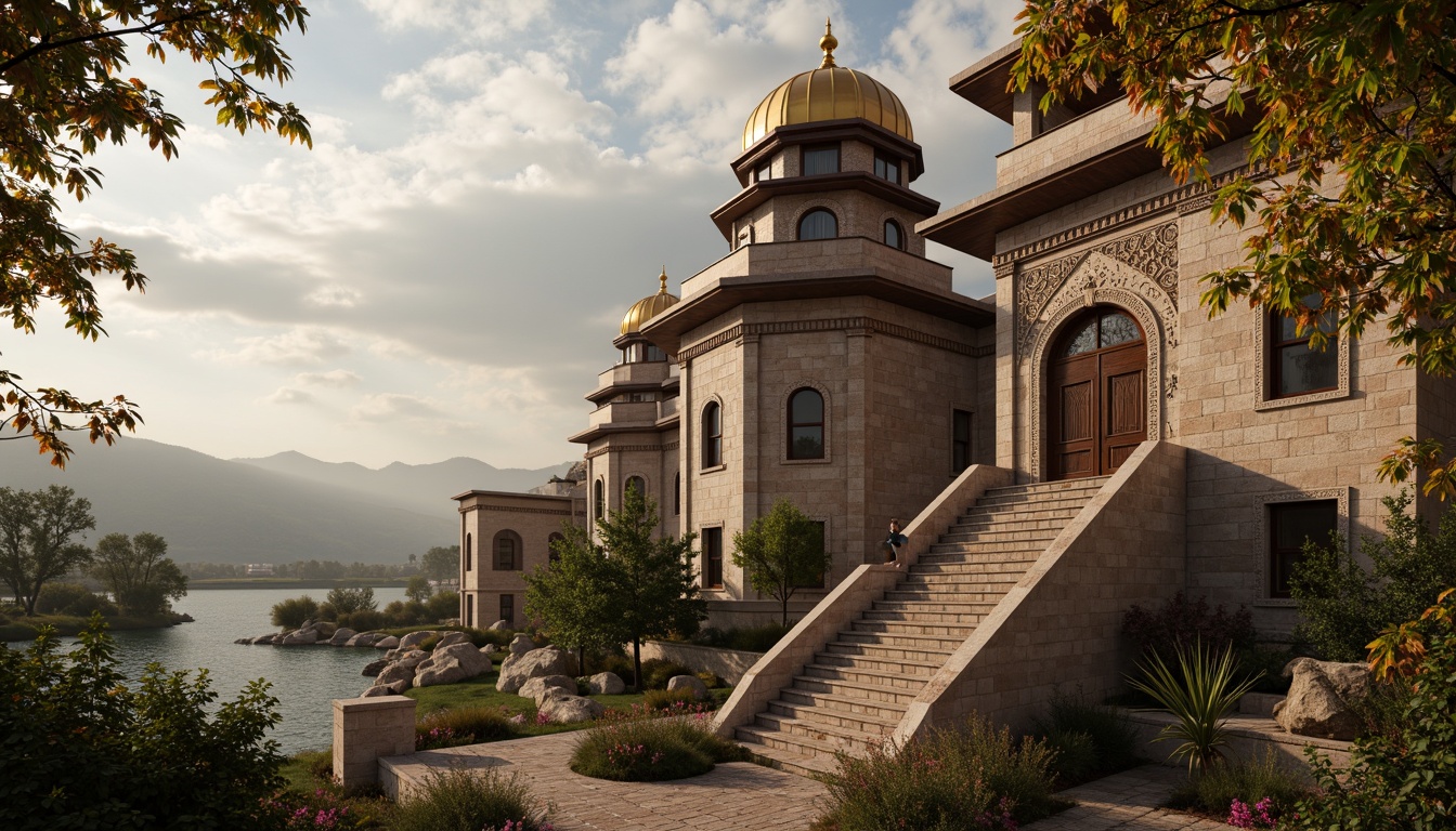 Prompt: \Majestic Byzantine watchtowers, intricately patterned stone fa\u00e7ades, golden domes, arched windows, ornate carvings, majestic entrance gates, grandiose staircases, richly textured brickwork, warm earthy color palette, dramatic lighting effects, atmospheric mist, distant mountain ranges, serene lakeside setting, 1/1 composition, symmetrical framing, high contrast ratio, realistic material textures, ambient occlusion.\