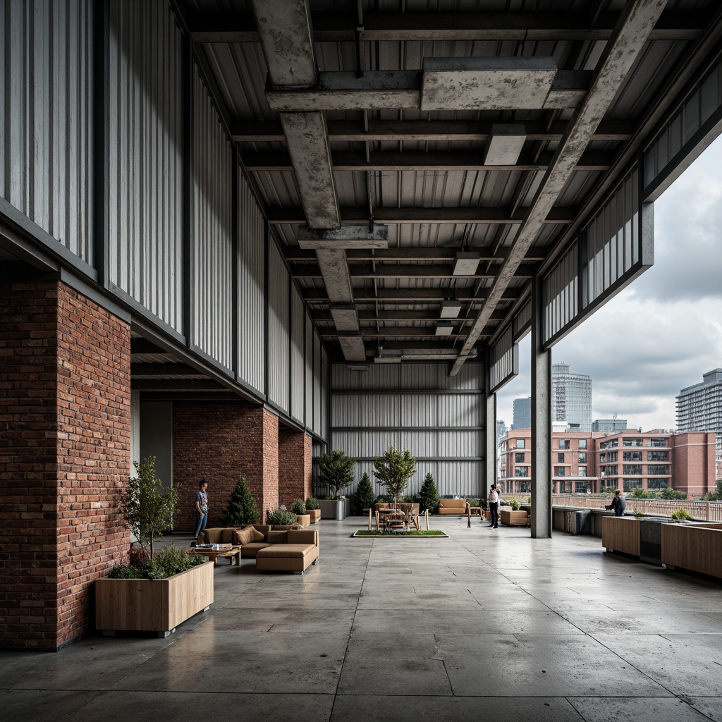 Prompt: Industrial warehouse, galvanized steel cladding, fire brick accents, rugged metal beams, exposed ductwork, high ceilings, concrete floors, minimal decorations, functional lighting, urban cityscape, cloudy day, dramatic shadows, deep depth of field, 1/1 composition, realistic textures, ambient occlusion.