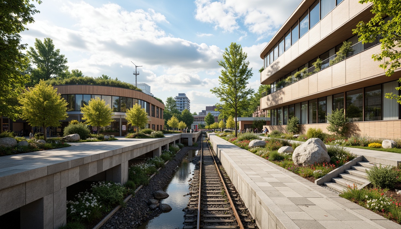 Prompt: Sustainable train station, green roofs, solar panels, wind turbines, rainwater harvesting systems, recycled metal structures, low-carbon concrete platforms, energy-efficient lighting, natural ventilation systems, wooden accents, living walls, vertical gardens, eco-friendly signage, minimal waste management, modern minimalist architecture, sleek glass facades, curved lines, abundant natural light, warm neutral tones, shallow depth of field, 1/1 composition, realistic textures, ambient occlusion.