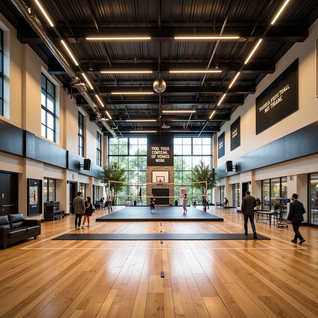 Prompt: Modern gymnasium interior, polished wood flooring, bright LED lighting, motivational quotes, sports equipment, basketball hoops, volleyball nets, gymnastics mats, exercise machines, mirrored walls, athletic tracks, sleek metal beams, minimalist decor, natural stone accents, comfortable seating areas, sound-absorbing materials, high ceilings, large windows, abundant natural light, warm color scheme, dynamic composition, shallow depth of field, 3/4 layout.