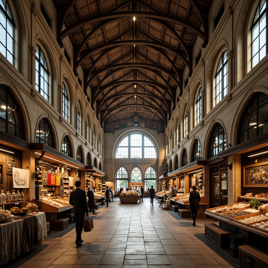 Prompt: Grand market hall, Gothic arches, vaulted ceilings, stained glass windows, ornate stone carvings, rustic wooden stalls, natural fiber textiles, recycled metal accents, low-carbon concrete flooring, reclaimed wood furnishings, energy-efficient lighting, soft warm ambiance, shallow depth of field, 1/1 composition, panoramic view, realistic textures, ambient occlusion.