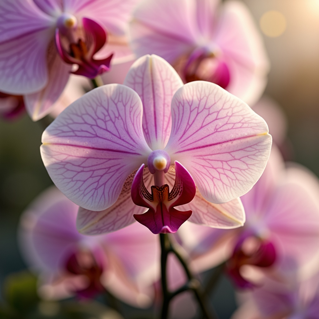 Prompt: Soft focus, warm orchid hues, delicate petals, subtle shimmer, iridescent sheen, pastel pink undertones, creamy whites, rich berry accents, velvety textures, organic shapes, whimsical patterns, dreamy atmosphere, ethereal lighting, gentle contrast, 1/1 composition, intimate portrait view, realistic renderings, subtle depth of field.