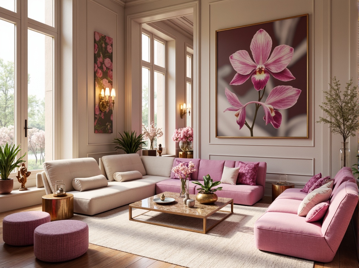 Prompt: Luxurious interior design, orchid-inspired color palette, soft pastel hues, creamy whites, rich berry tones, velvety textures, metallic accents, elegant furnishings, ornate details, sophisticated ambiance, warm golden lighting, shallow depth of field, 1/1 composition, realistic reflections, ambient occlusion.