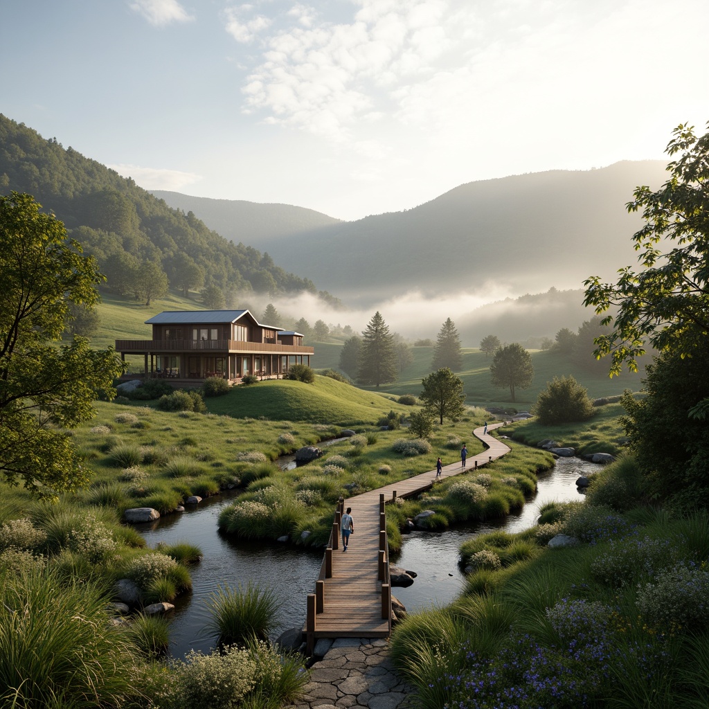 Prompt: Serene valley landscape, rolling hills, lush greenery, meandering streams, rustic wooden bridges, natural stone pathways, wildflowers, misty morning atmosphere, warm sunlight, soft diffused lighting, shallow depth of field, 2/3 composition, panoramic view, realistic textures, ambient occlusion, modern eco-friendly architecture, sustainable building materials, minimalist design, large windows, sliding glass doors, open-plan interior spaces, natural ventilation systems.