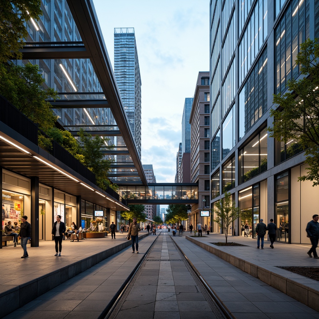 Prompt: Modern tram station, sleek glass roofs, energy-efficient LED lighting, solar panels, green walls, natural ventilation systems, minimalist architecture, spacious platforms, comfortable seating areas, real-time passenger information displays, futuristic digital signage, dynamic advertising screens, urban cityscape, busy streets, morning commuters, soft warm lighting, shallow depth of field, 3/4 composition, panoramic view, realistic textures, ambient occlusion.