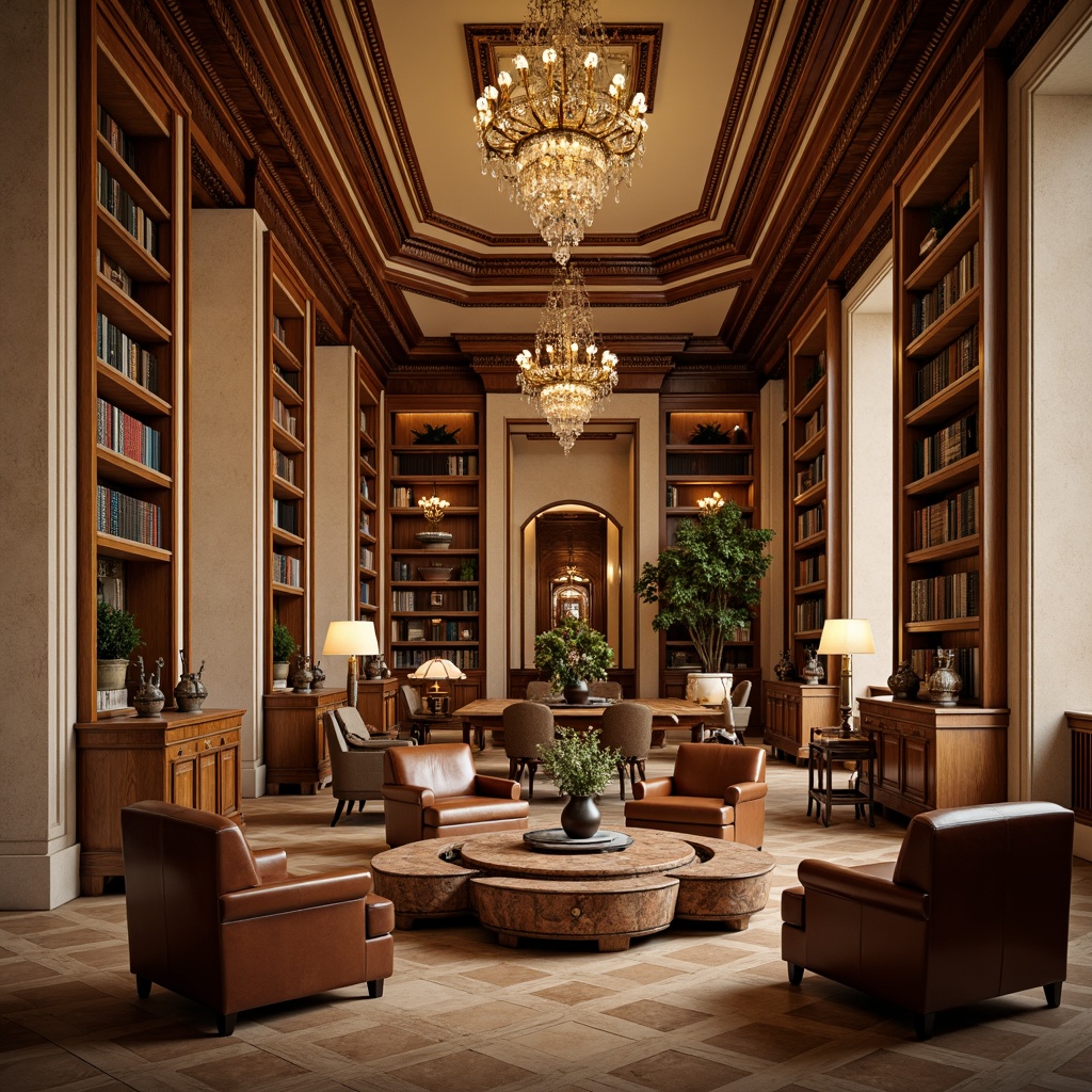 Prompt: Elegant neoclassical library, rich wood tones, ornate moldings, carved marble accents, grand chandeliers, floor-to-ceiling bookshelves, leather-bound tomes, warm beige walls, soft golden lighting, subtle texture overlays, realistic atmospheric effects, 1/1 composition, shallow depth of field, classic architectural details, sophisticated color harmony.