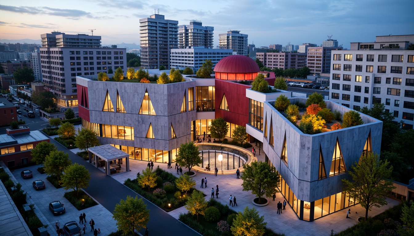 Prompt: Vibrant cultural hub, dynamic performing arts center, angular modern architecture, bold colored fa\u00e7ade, LED light installations, urban social housing, eclectic mix of materials, exposed concrete, glazed ceramic tiles, cantilevered balconies, rooftop gardens, bustling cityscape, evening ambient lighting, shallow depth of field, 1/2 composition, panoramic view, realistic textures, ambient occlusion.