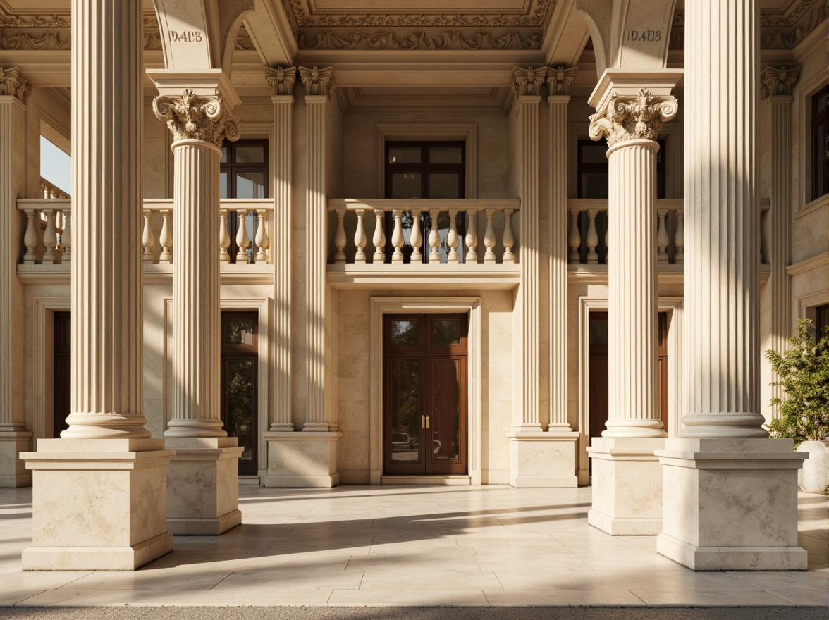 Prompt: Ornate columns, Ionic capitals, fluted shafts, carved volutes, ornamental moldings, grand entranceways, symmetrical facades, classical proportions, creamy marble surfaces, subtle rustication, soft golden lighting, high contrast shadows, 1/1 composition, central axis symmetry, realistic reflections, ambient occlusion.