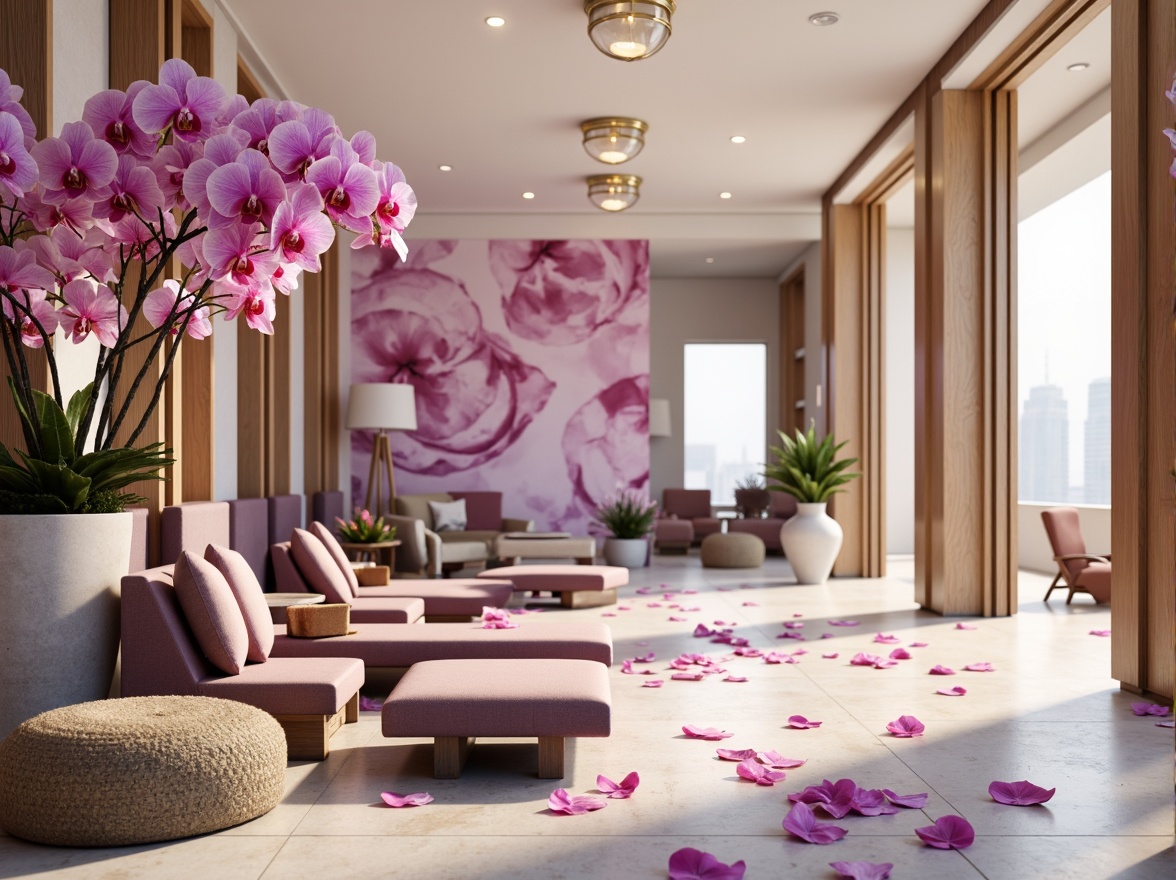 Prompt: Luxurious orchid hues, soft pastel shades, delicate petals, subtle sheen, velvety texture, elegant modern architecture, sophisticated interior design, refined ornate details, lavish furnishings, plush carpets, statement lighting fixtures, warm golden accents, rich wood tones, creamy marble surfaces, gentle morning light, shallow depth of field, 1/1 composition, realistic renderings, ambient occlusion.