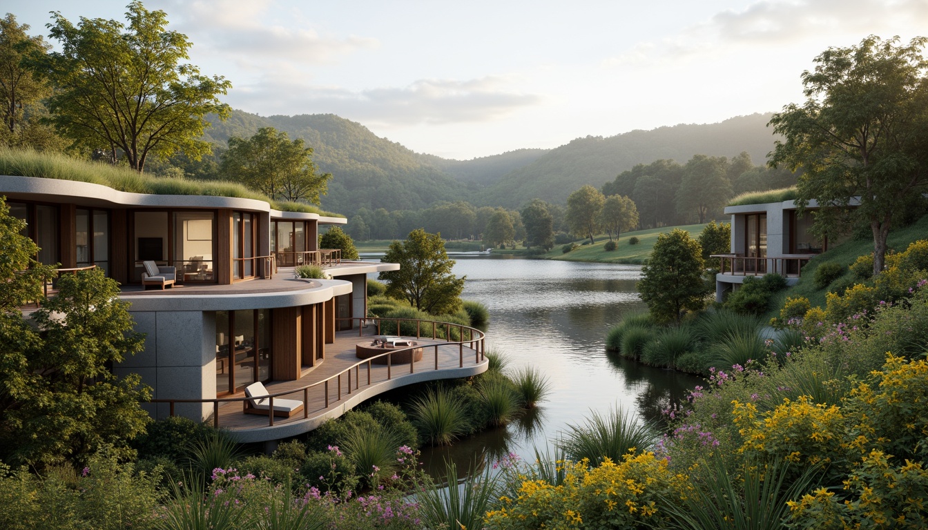 Prompt: Sweeping curves, organic shapes, natural stone walls, lush green roofs, wooden decks, cantilevered structures, minimalist railings, transparent glass facades, seamless integration with surroundings, rolling hills, serene lakeside, misty forests, vibrant wildflowers, warm sunlight, soft shadows, 1/1 composition, symmetrical balance, atmospheric perspective, realistic foliage, subtle animations.