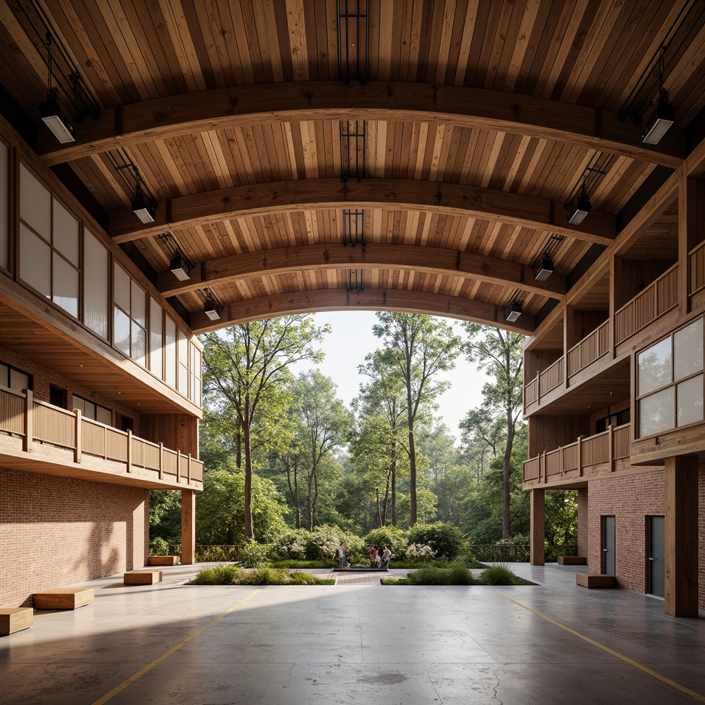 Prompt: Rustic gymnasium building, earthy tones, reclaimed wood accents, exposed brick walls, industrial metal beams, natural ventilation systems, solar panels, green roofs, rainwater harvesting systems, eco-friendly materials, minimalist design, open-plan spaces, abundant natural light, soft warm lighting, shallow depth of field, 3/4 composition, panoramic view, realistic textures, ambient occlusion, regionalist architectural style, earthy color palette, organic forms, curved lines, integration with surrounding landscape, forest surroundings, lush greenery, blooming trees.