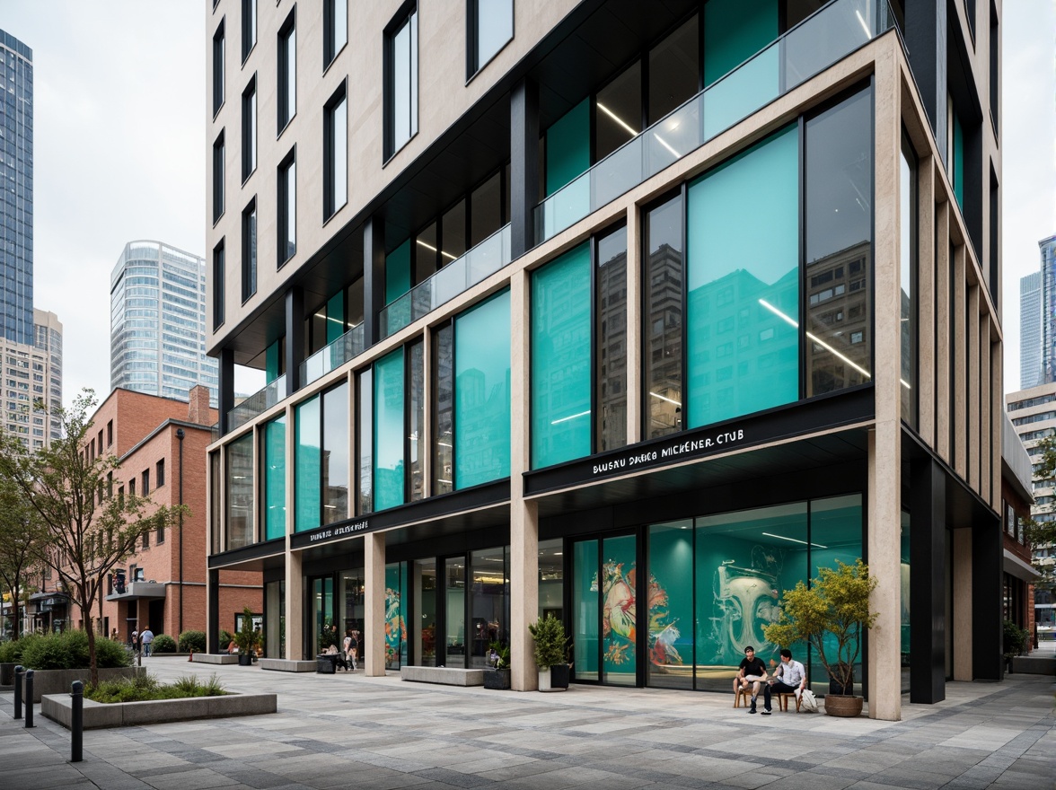 Prompt: Monochromatic modernist building, sleek glass fa\u00e7ade, neutral beige tones, bold black accents, industrial metal beams, polished concrete floors, vibrant pops of turquoise, abstract geometric patterns, urban cityscape, overcast sky, soft diffused lighting, shallow depth of field, 1/1 composition, realistic textures, ambient occlusion.