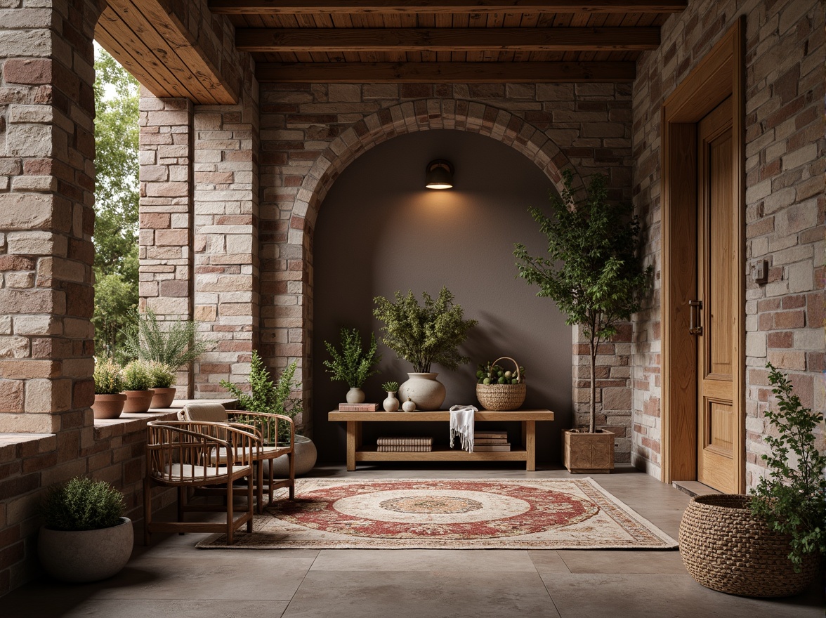 Prompt: Rustic stone walls, wooden accents, metallic sheen, smooth concrete floors, rough-hewn brick facades, ornate tile work, distressed wood textures, vintage metal hardware, natural fiber rugs, woven baskets, earthy color palette, warm ambient lighting, shallow depth of field, 3/4 composition, realistic rendering, ambient occlusion.