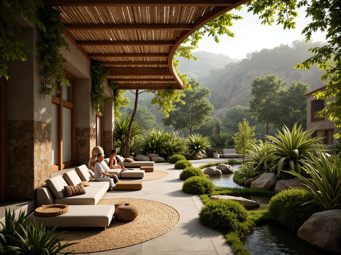 Prompt: Earthy tones, natural materials, woven textures, reclaimed wood accents, lush greenery, organic shapes, free-flowing curves, airy atmosphere, soft warm lighting, earthy ceramics, moss-covered walls, living roofs, botanical patterns, nature-inspired art pieces, calming ambiance, serene atmosphere, 1/1 composition, shallow depth of field, realistic textures.