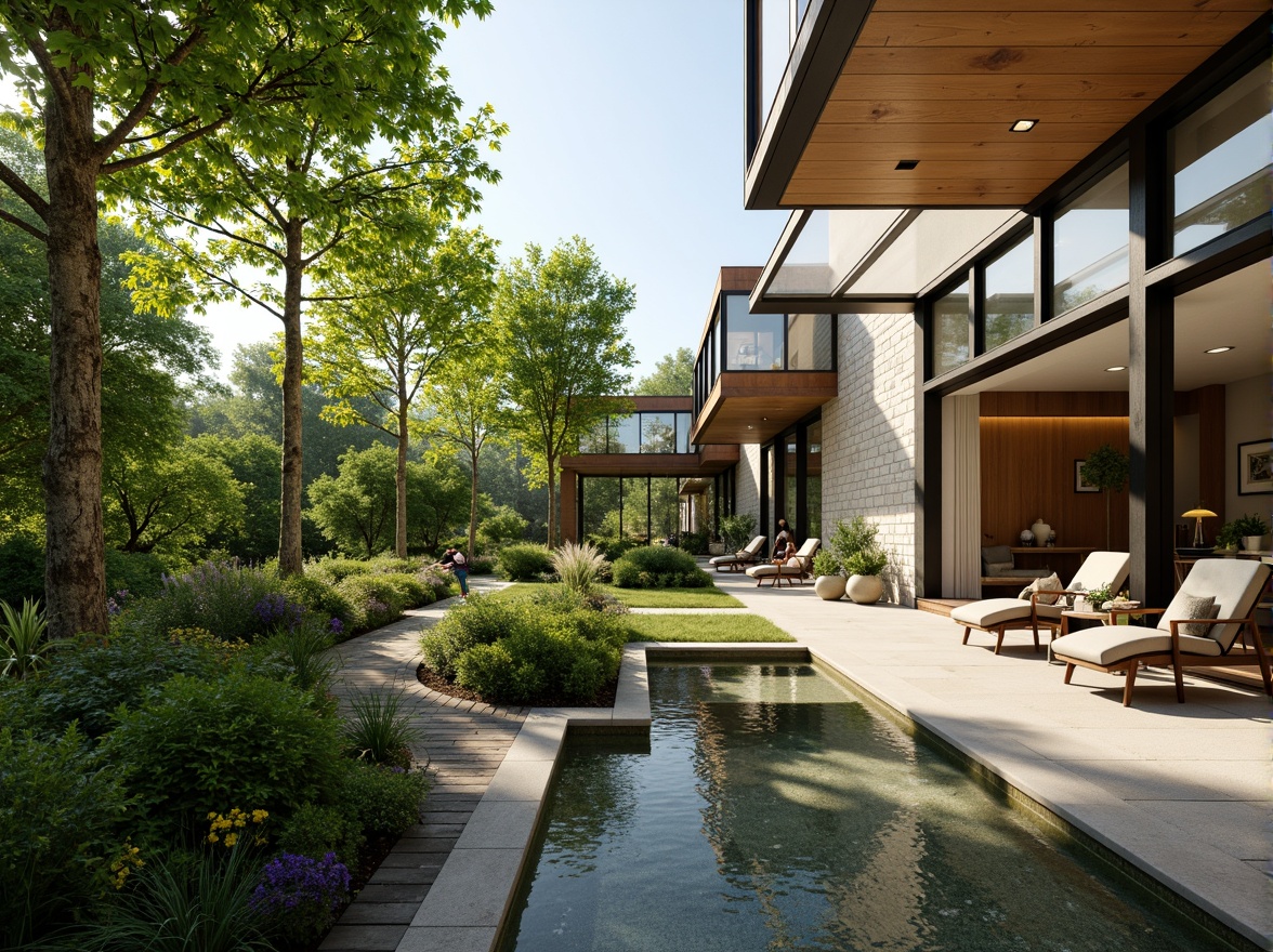 Prompt: Vibrant greenery, floor-to-ceiling windows, natural stone walls, wooden accents, minimalist decor, open-plan layout, clerestory windows, skylights, solar tubes, reflective surfaces, soft warm lighting, shallow depth of field, 3/4 composition, panoramic view, realistic textures, ambient occlusion, modern sustainable architecture, energy-efficient systems, eco-friendly materials, innovative glazing technologies, shaded outdoor spaces, misting systems.