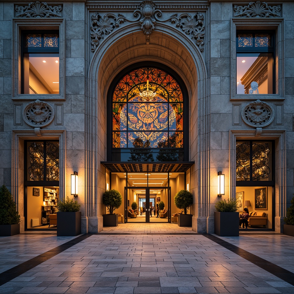 Prompt: Intricate stone carvings, ornate metalwork, grand entranceways, symmetrical facades, curved arches, decorative columns, vibrant glass mosaics, luxurious marble finishes, polished chrome accents, ambient exterior lighting, warm color temperature, shallow depth of field, 1/2 composition, realistic textures, detailed normal maps.