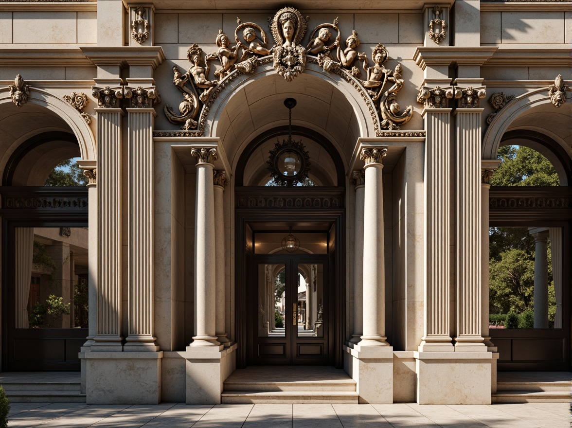 Prompt: Grandiose neoclassical facade, ornate columns with ionic capitals, intricate carvings, sculpted marble details, symmetrical composition, majestic entranceways, imposing stone arches, rusticated bases, decorative pilasters, ornamental friezes, classical pediments, dramatic shadows, soft warm lighting, shallow depth of field, 2/3 composition, realistic textures, ambient occlusion.