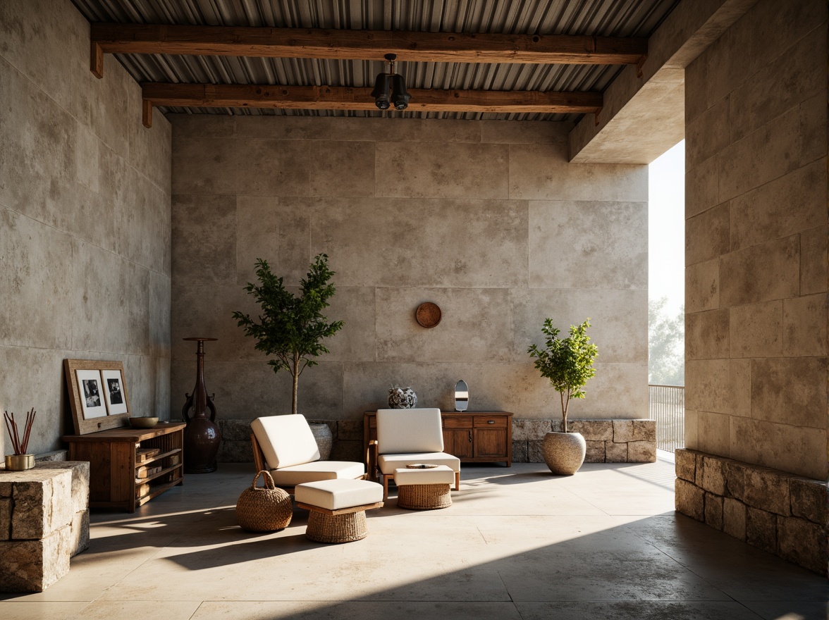 Prompt: Rustic textured walls, plastered concrete finishes, earthy color palette, rough-hewn stone accents, industrial chic aesthetic, urban loft atmosphere, reclaimed wood beams, metal roofing, modern minimalist decor, natural light pouring in, soft warm glow, shallow depth of field, 3/4 composition, realistic textures, ambient occlusion.