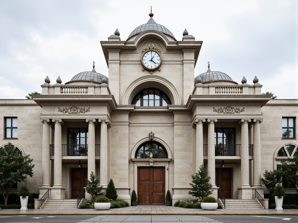 Prompt: Grandiose energy plant facade, neoclassical architecture style, symmetrical composition, ornate details, classical columns, arches, domes, grand entrance, imposing scale, limestone walls, marble accents, bronze doors, intricate moldings, ornamental railings, majestic clock tower, subtle color palette, soft natural lighting, shallow depth of field, 1/1 composition, realistic textures, ambient occlusion.