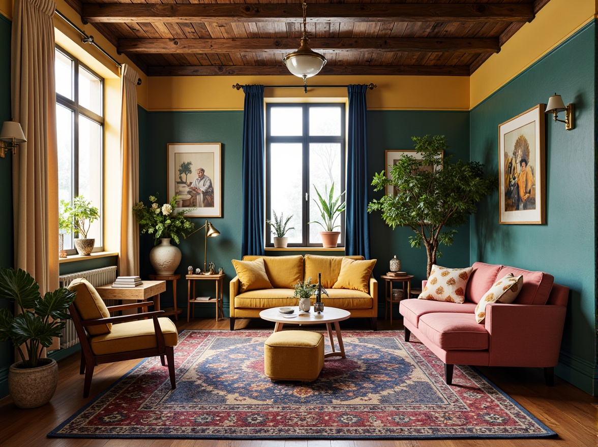 Prompt: Vibrant eclectic interior, mix-and-match furniture, bold patterned rugs, rich velvet textures, distressed wood accents, ornate metal fixtures, jewel-toned walls, mustard yellow, emerald green, navy blue, warm beige, soft blush pink, antique brass hardware, vintage decorative items, layered window treatments, natural light pouring in, airy atmosphere, relaxed eclectic vibe, 1/2 composition, soft focus effect, warm color grading.