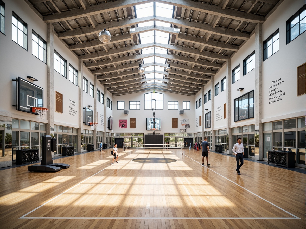 Prompt: Well-lit gymnasium interior, abundant natural light, high ceiling, clerestory windows, skylights, translucent roof panels, wooden flooring, athletic equipment, basketball hoops, volleyball nets, exercise machines, mirrored walls, motivational quotes, modern industrial design, exposed ductwork, polished concrete columns, bright color scheme, softbox lighting, shallow depth of field, 1/1 composition, realistic textures, ambient occlusion.