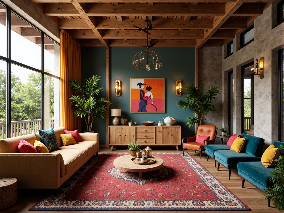 Prompt: Vibrant eclectic living space, bold color blocking, rich textures, mixed patterns, global-inspired decorative accents, bohemian chic furniture, distressed wood tones, plush velvet fabrics, metallic gold lighting fixtures, Moroccan tile patterns, lush greenery, natural stone walls, abstract art pieces, oversized windows, dramatic drapery, warm ambient lighting, shallow depth of field, 3/4 composition, panoramic view, realistic textures, ambient occlusion.