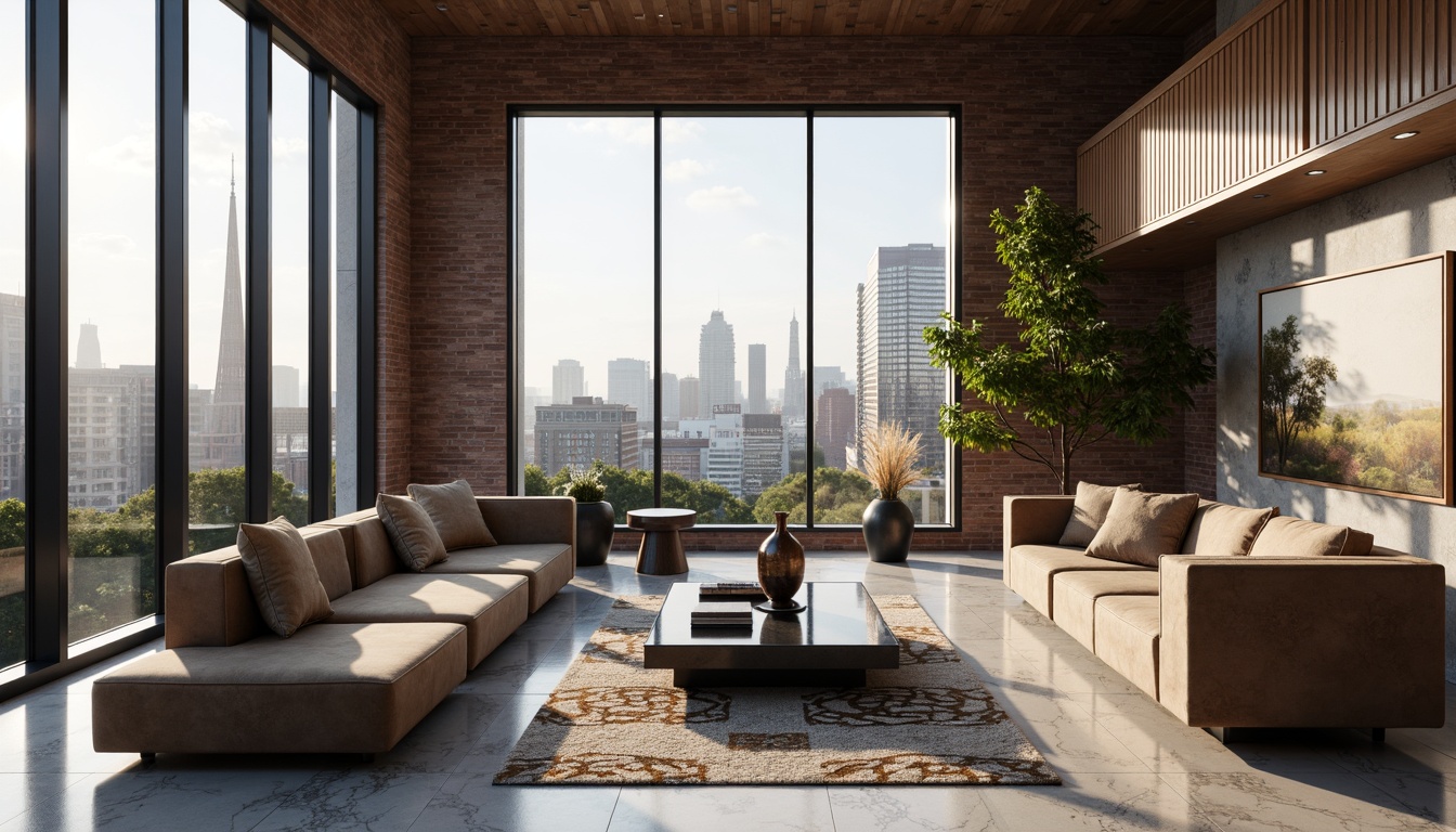 Prompt: Modern luxury living room, sleek minimalist furniture, polished marble floors, floor-to-ceiling windows, urban cityscape views, industrial chic decor, exposed brick walls, metallic accents, ambient warm lighting, 1/1 composition, shallow depth of field, realistic textures, soft focus effect, cozy reading nooks, plush velvet sofas, geometric patterned rugs, avant-garde artwork, eclectic decorative pieces, futuristic smart home technologies.