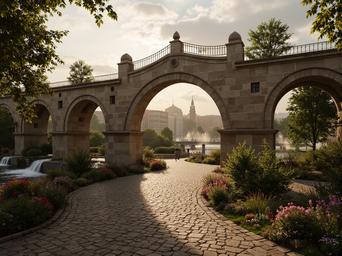 Prompt: Ancient Byzantine bridge, rustic stone arches, worn cobblestone roads, lush greenery, vibrant flowers, misty waterfalls, serene riverbanks, ornate iron railings, intricate stone carvings, grandiose cityscape, warm golden lighting, soft focus, atmospheric perspective, 1/2 composition, realistic textures, ambient occlusion, misty atmosphere, gentle breeze.