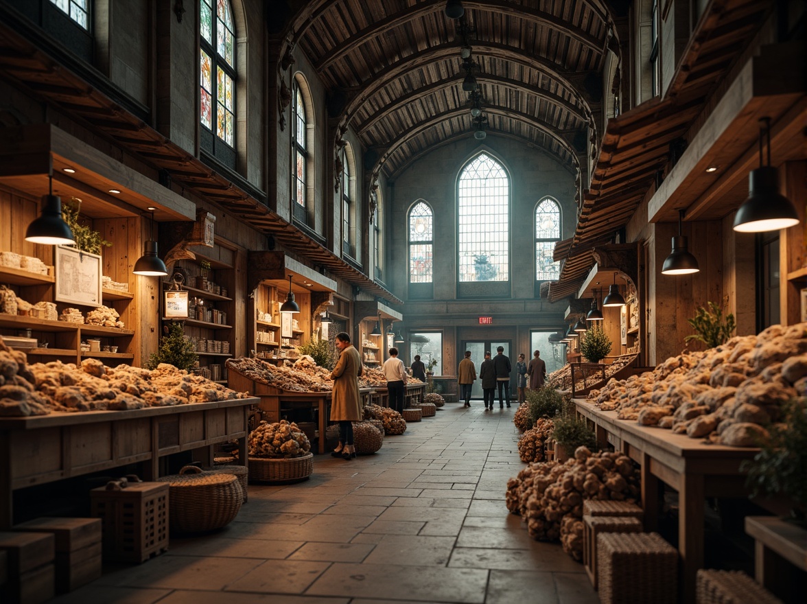 Prompt: Rustic market stalls, ornate Gothic architecture, intricate stone carvings, grandiose vaulted ceilings, stained glass windows, reclaimed wooden beams, distressed metal accents, earthy tone color palette, natural fiber textiles, woven rattan baskets, vintage industrial lighting, soft warm ambient glow, shallow depth of field, 1/1 composition, realistic textures, atmospheric misting.