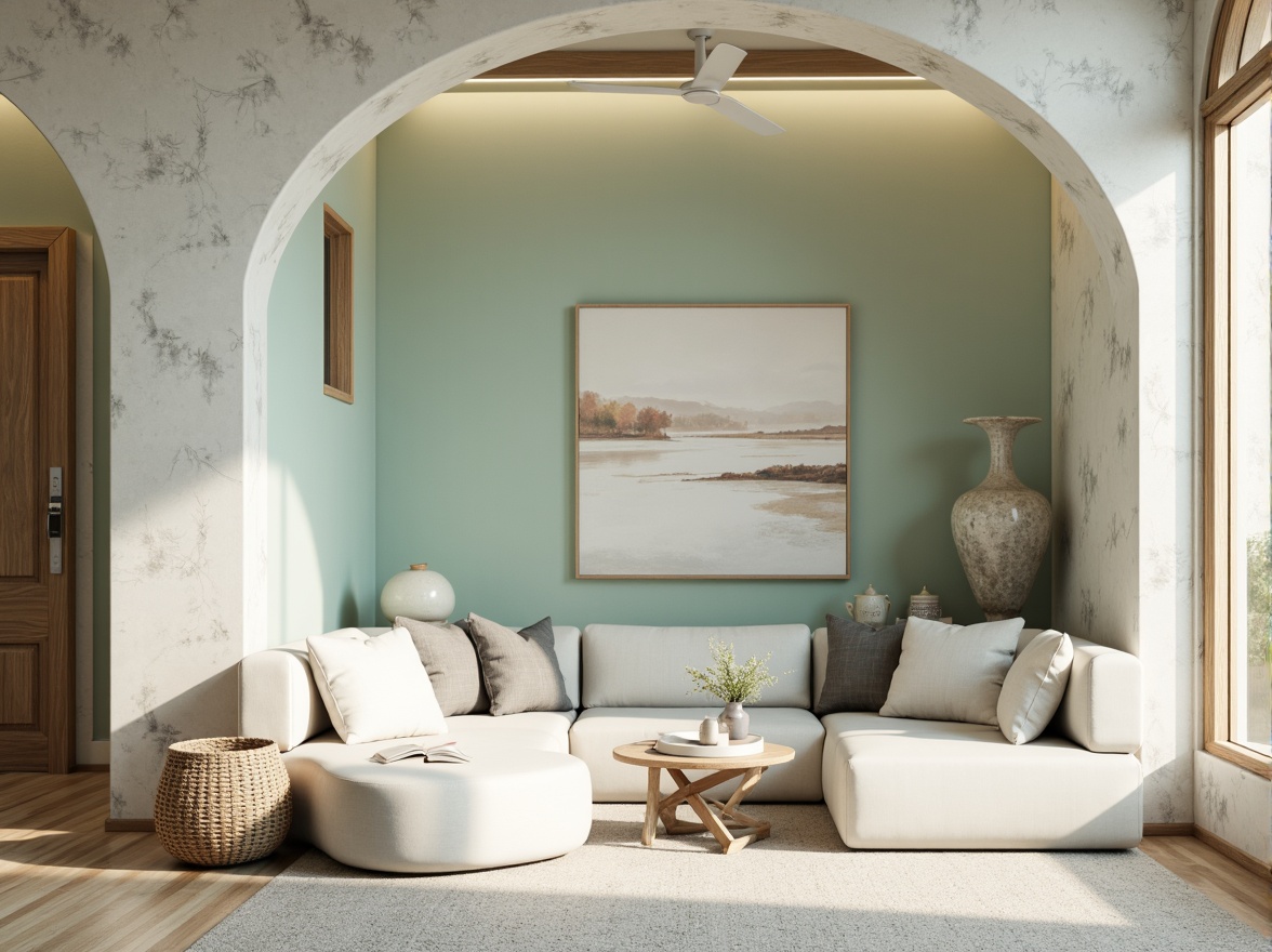 Prompt: Soft celadon hues, gentle curves, elegant minimalism, natural stone textures, wooden accents, creamy whites, subtle grays, pale blues, calming atmosphere, serene ambiance, warm softbox lighting, shallow depth of field, 2/3 composition, realistic renderings, ambient occlusion, modern interior design, cozy reading nooks, plush furniture, woven baskets, delicate ceramics, abstract artwork, gentle watercolors.